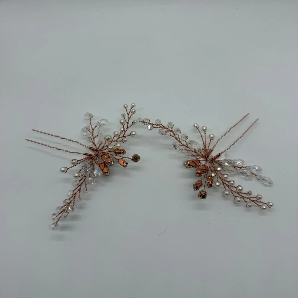 Bridal Flower Hair Pins Rose Gold Wedding Crystal Pearl Floral Hair‎ Clips Set 2